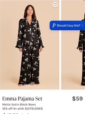 Birdy Grey Black Satin Emma Pajama Set with White Bow Print